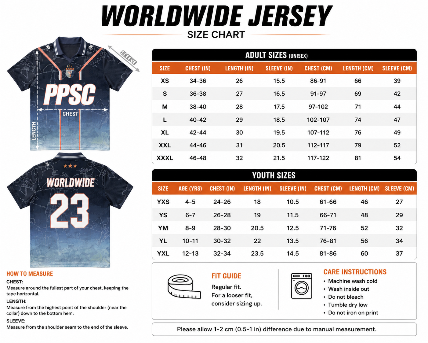 Size chart for WORLDWIDE JERSEY